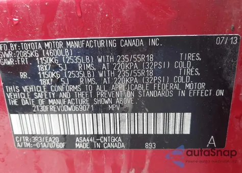 2013 Toyota Rav4 Limited из США, поврежденный, VIN 2T3DFREV0DW069071